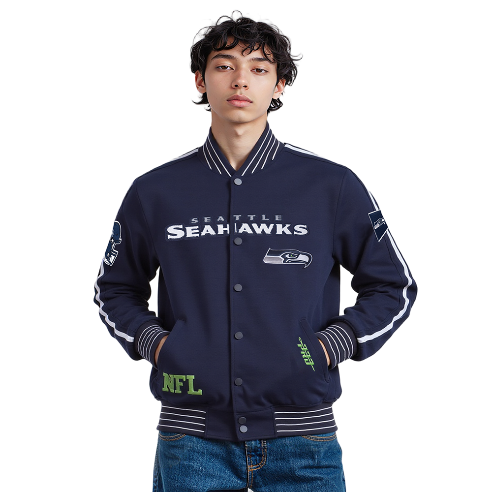 NFL SEATTLE SEAHAWKS BLOUSON PRO GAME DAY EN MAILLE DOUBLE POUR HOMME (MARINE MINUIT/BLANC)