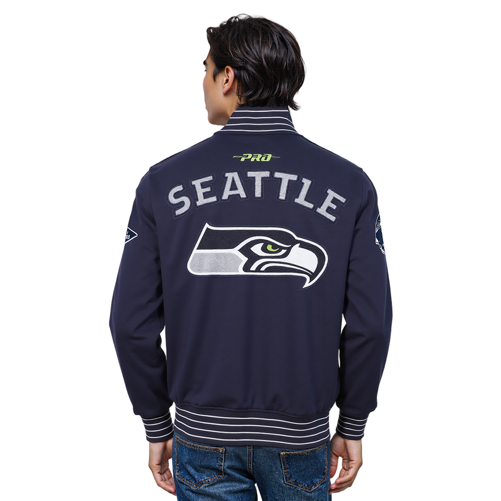 NFL SEATTLE SEAHAWKS BLOUSON PRO GAME DAY EN MAILLE DOUBLE POUR HOMME (MARINE MINUIT/BLANC)