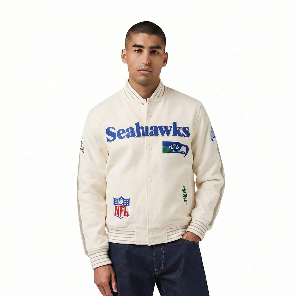 NFL SEATTLE SEAHAWKS PRO GAME DAY JACKET BLOUSON POUR HOMME (COQUILLE D'ŒUF/TAUPE/COQUILLE D'ŒUF)