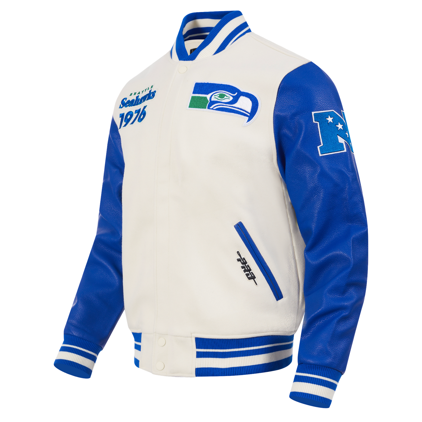 NFL SEATTLE SEAHAWKS RETRO CLASSIC MEN'S RIB WOOL VARSITY JACKET (EGGSHELL/ ROYAL BLUE)