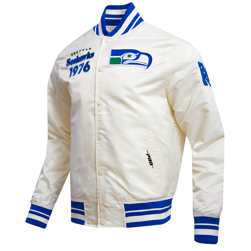 NFL SEATTLE SEAHAWKS RETRO CLASSIC MEN'S RIB SATIN JACKET (EGGSHELL/ ROYAL BLUE)