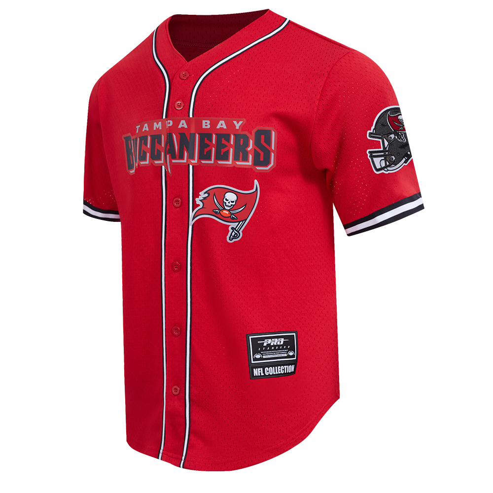 NFL TAMPA BAY BUCCANEERS MESH MEN'S  BUTTON UP SHIRT (RED/BLACK)