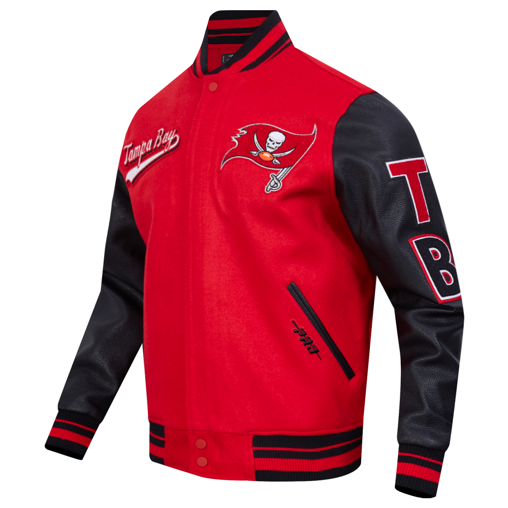 NFL TAMPA BAY BUCCANEERS SCRIPT TAIL MEN'S VARSITY JACKET (RED/BLACK)