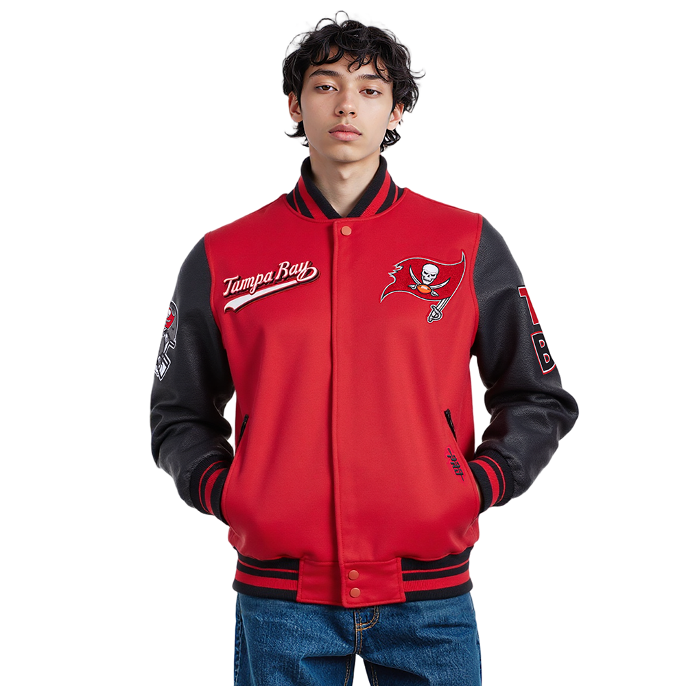 NFL TAMPA BAY BUCCANEERS SCRIPT TAIL MEN'S VARSITY JACKET (RED/BLACK)