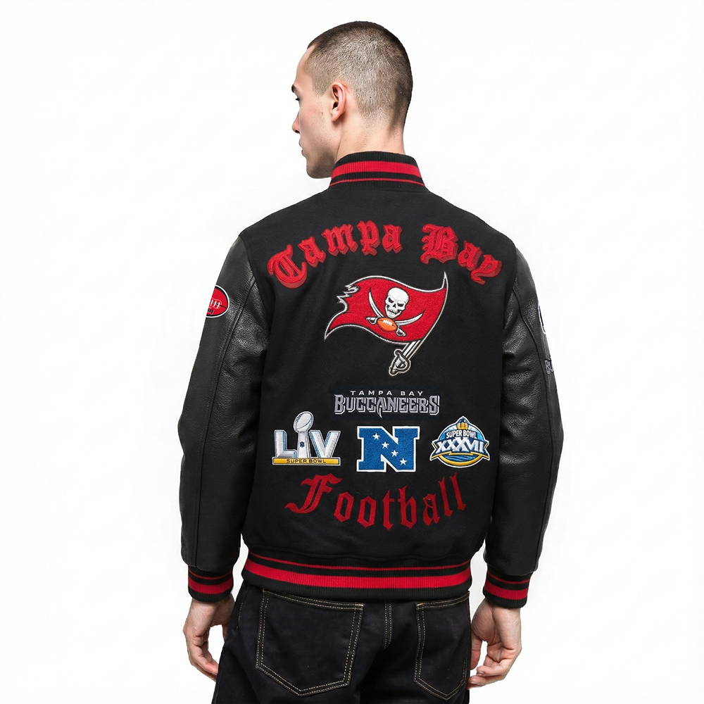 NFL TAMPA BAY BUCCANEERS OLD ENGLISH MEN'S RIB WOOL VARSITY JACKET (BLACK/RED/BLACK)