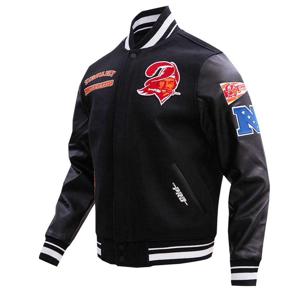 NFL TAMPA BAY BUCCANEERS RETRO CLASSIC MEN'S RIB WOOL VARSITY JACKET (BLACK)