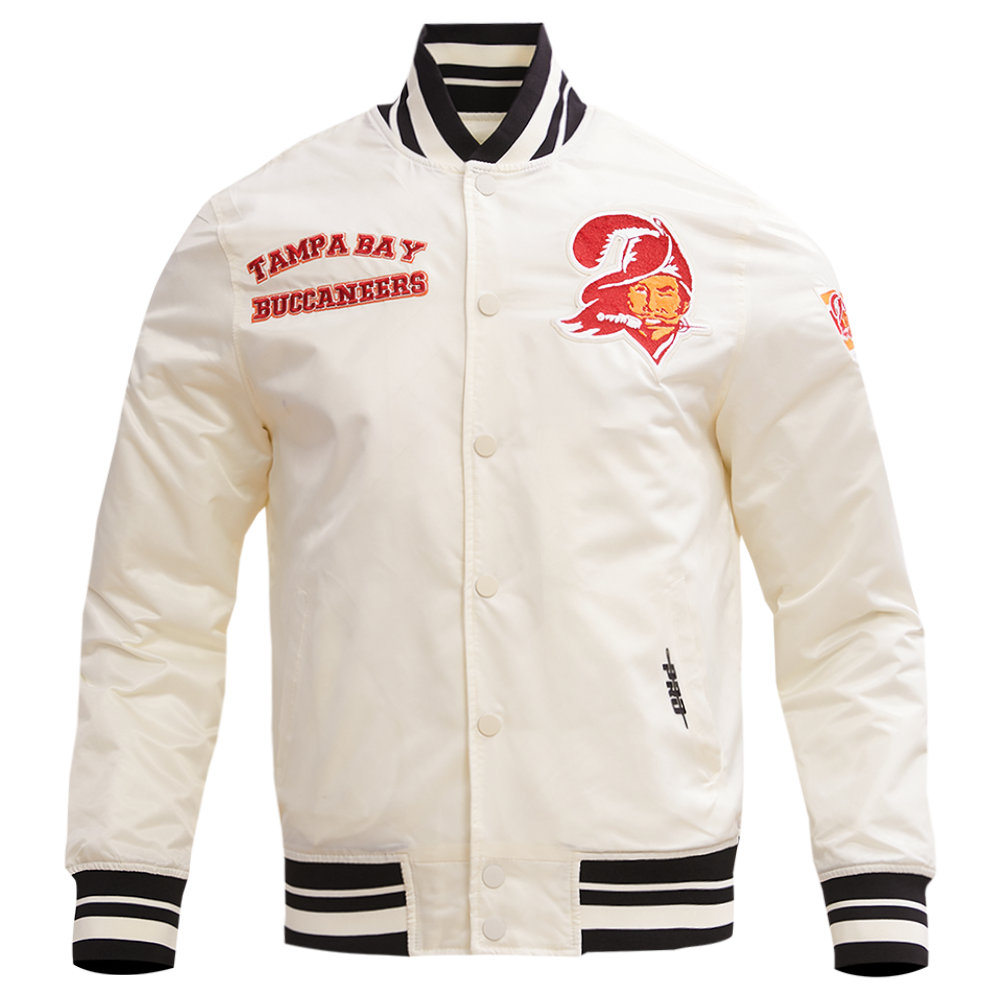 NFL TAMPA BAY BUCCANEERS RETRO CLASSIC MEN'S RIB SATIN JACKET (EGGSHELL/ BLACK)