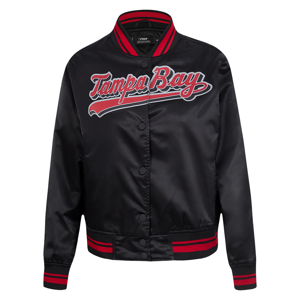 NFL TAMPA BAY BUCCANEERS SCRIPT TAIL BLOUSON EN SATIN POUR FEMME (NOIR/ROUGE/NOIR)