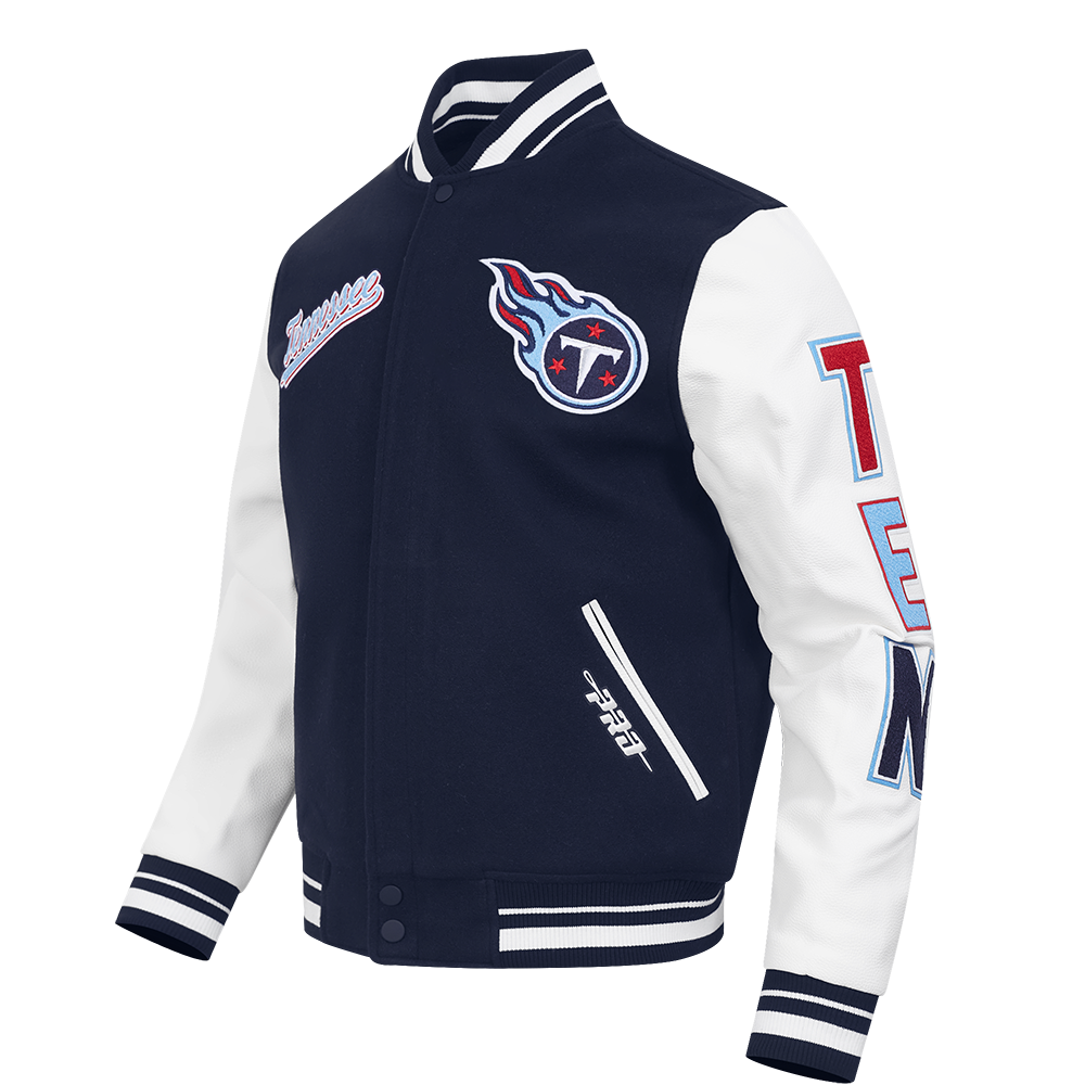 NFL TENNESSEE TITANS SCRIPT TAIL MEN'S VARSITY JACKET (MIDNIGHT NAVY/WHITE)
