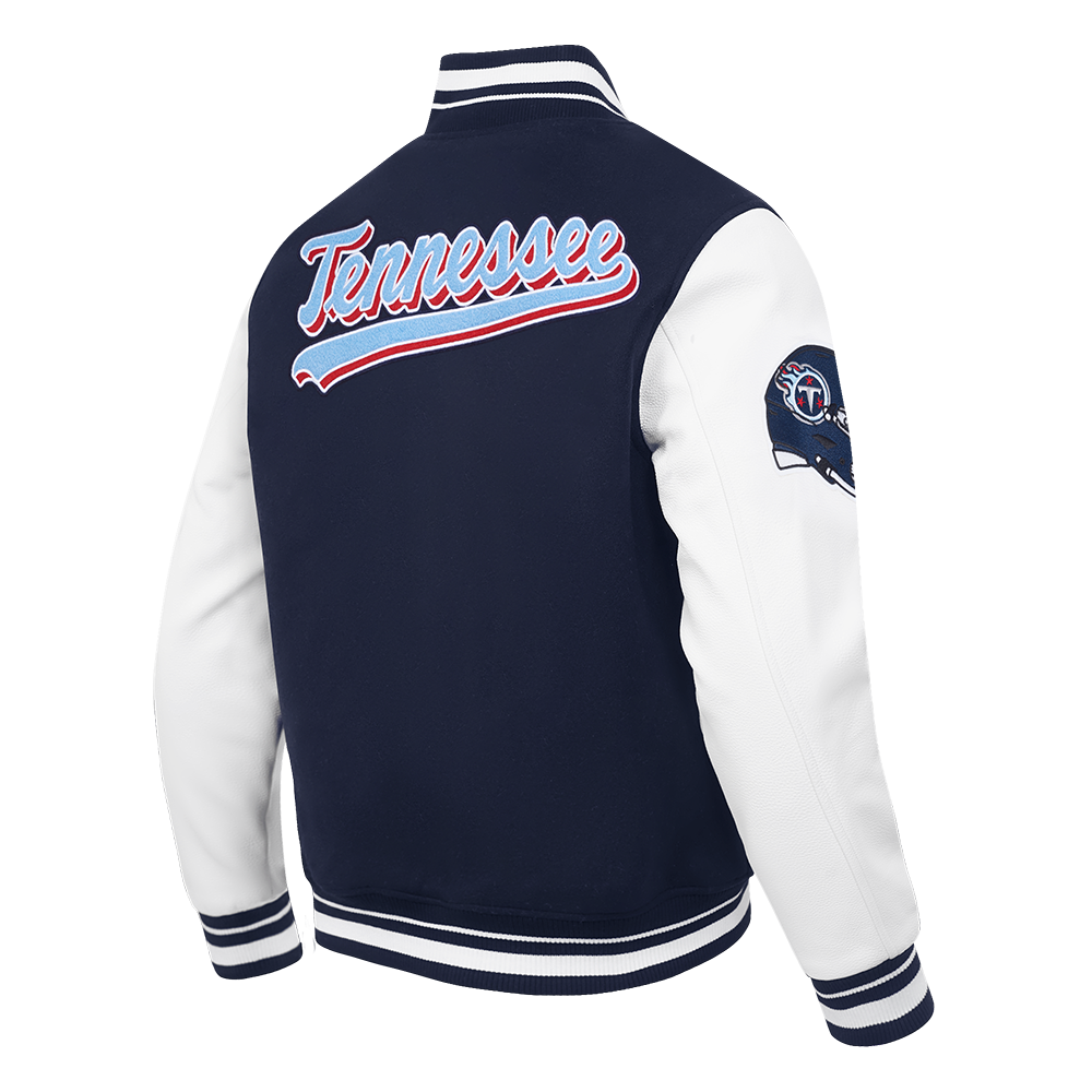 NFL TENNESSEE TITANS SCRIPT TAIL MEN'S VARSITY JACKET (MIDNIGHT NAVY/WHITE)