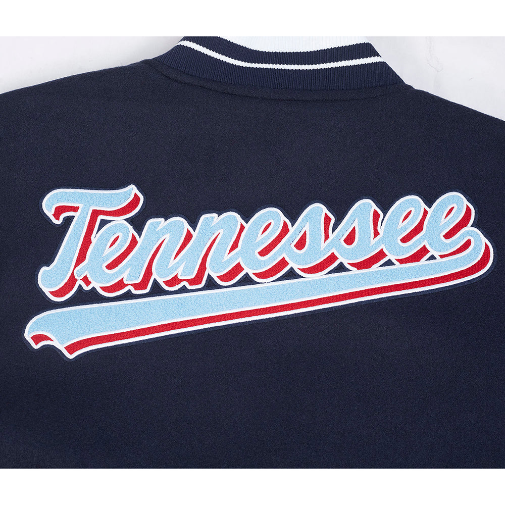 NFL TENNESSEE TITANS SCRIPT TAIL MEN'S VARSITY JACKET (MIDNIGHT NAVY/WHITE)