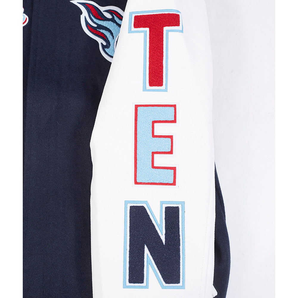 NFL TENNESSEE TITANS SCRIPT TAIL MEN'S VARSITY JACKET (MIDNIGHT NAVY/WHITE)