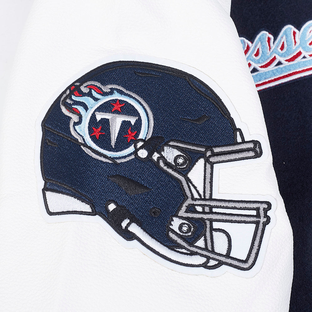 NFL TENNESSEE TITANS SCRIPT TAIL MEN'S VARSITY JACKET (MIDNIGHT NAVY/WHITE)