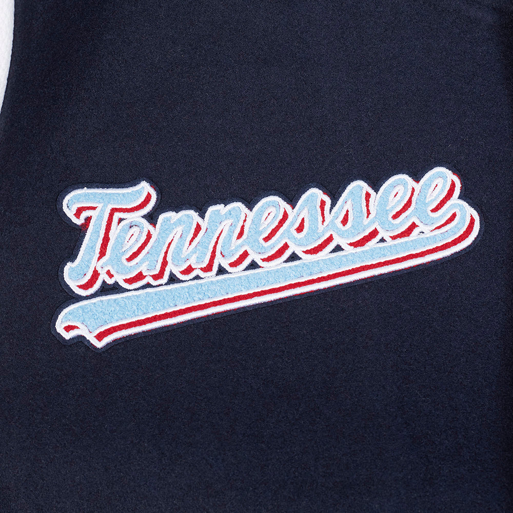NFL TENNESSEE TITANS SCRIPT TAIL MEN'S VARSITY JACKET (MIDNIGHT NAVY/WHITE)