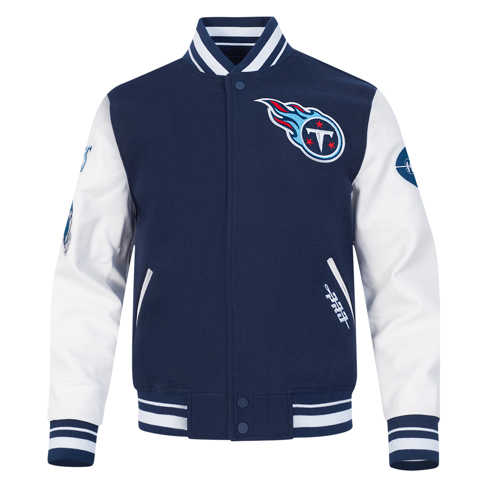 NFL TENNESSEE TITANS OLD ENGLISH MEN'S RIB WOOL VARSITY JACKET (MIDNIGHT NAVY/WHITE)