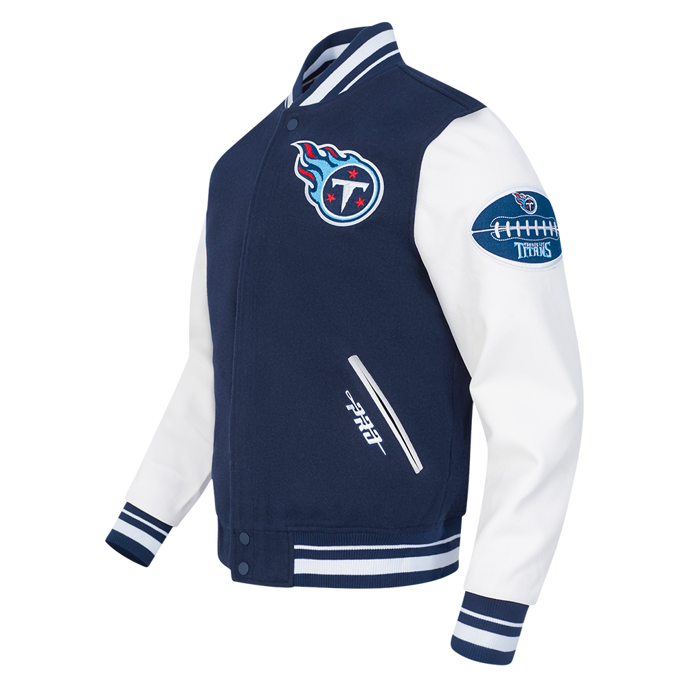NFL TENNESSEE TITANS OLD ENGLISH MEN'S RIB WOOL VARSITY JACKET (MIDNIGHT NAVY/WHITE)