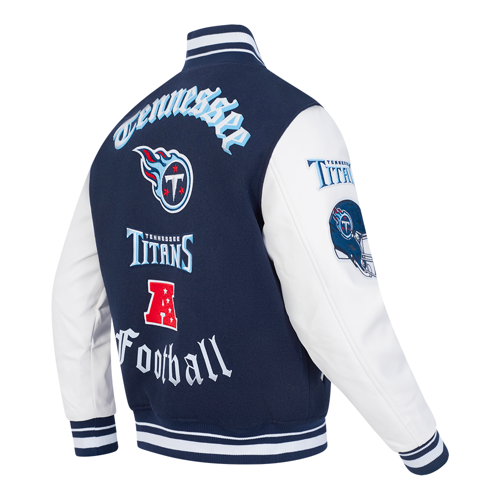 NFL TENNESSEE TITANS OLD ENGLISH MEN'S RIB WOOL VARSITY JACKET (MIDNIGHT NAVY/WHITE)