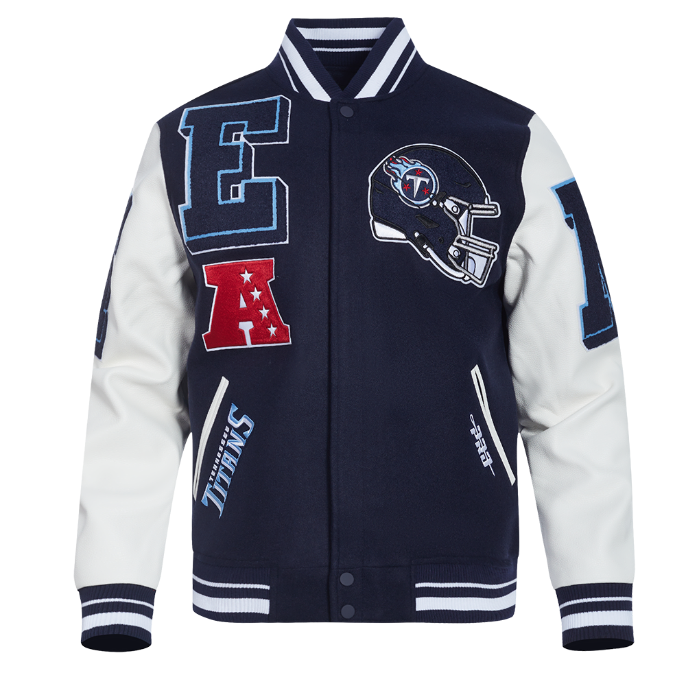 NFL TENNESSEE TITANS MASH UP MEN'S RIB WOOL VARSITY JACKET (MIDNIGHT NAVY/WHITE)
