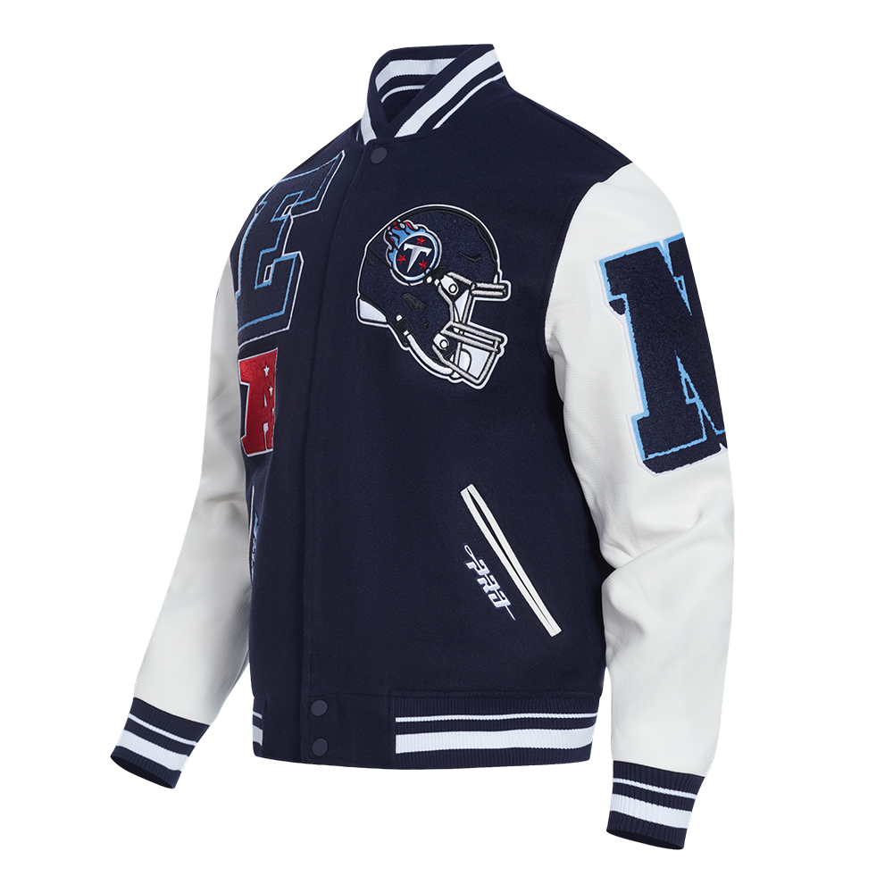 NFL TENNESSEE TITANS MASH UP MEN'S RIB WOOL VARSITY JACKET (MIDNIGHT NAVY/WHITE)