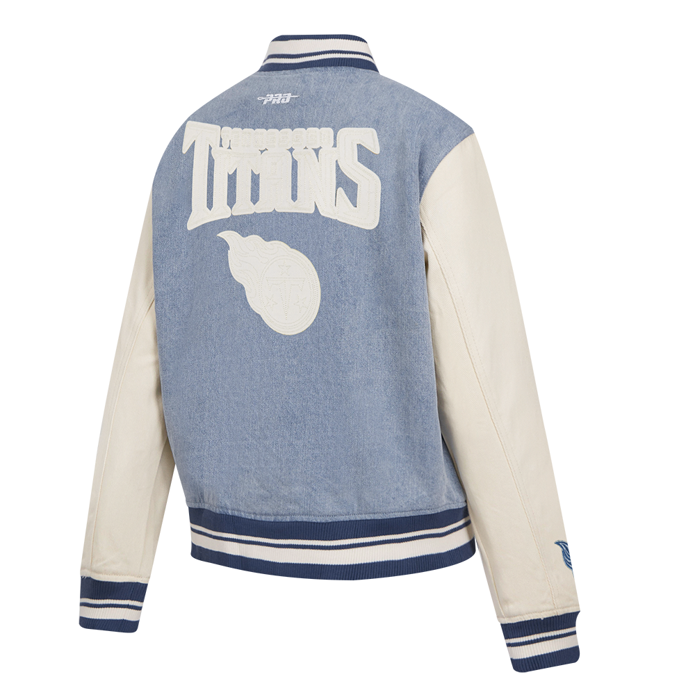 NFL TENNESSEE TITANS VARSITY BLUES WOMEN'S DENIM VARSITY JACKET (DENIM/LINEN)