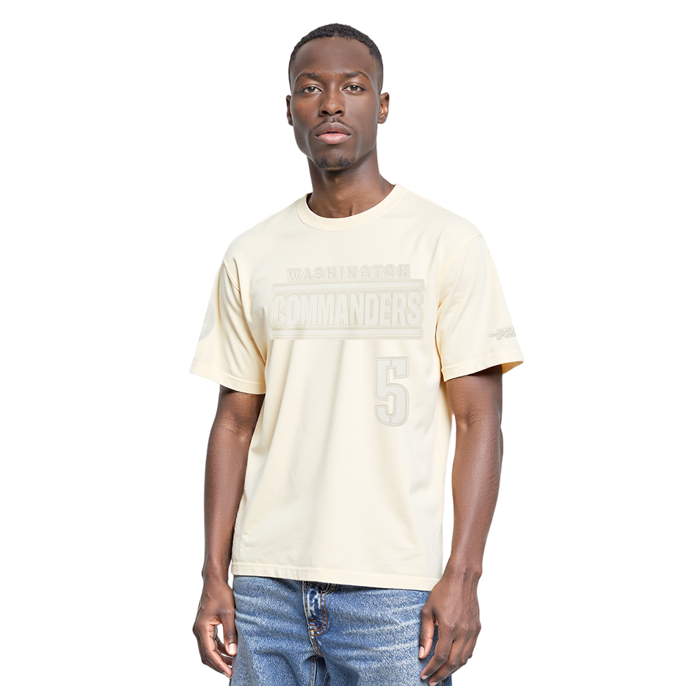 NFL WASHINGTON COMMANDERS JAYDEN DANIELS #5 NEUTRAL PNN T-SHIRT EN JERSEY DE COTON À ÉPAULES TOMBANTES POUR HOMME (COQUILLE D'ŒUF)