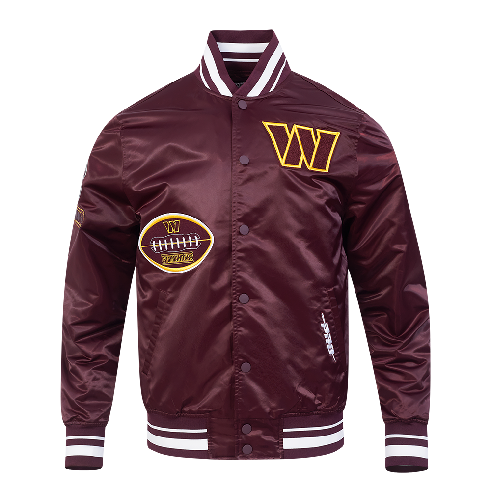 NFL WASHINGTON COMMANDERS OLD ENGLISH BLOUSON EN SATIN À BORDS CÔTELÉS POUR HOMME (LIE-DE-VIN)