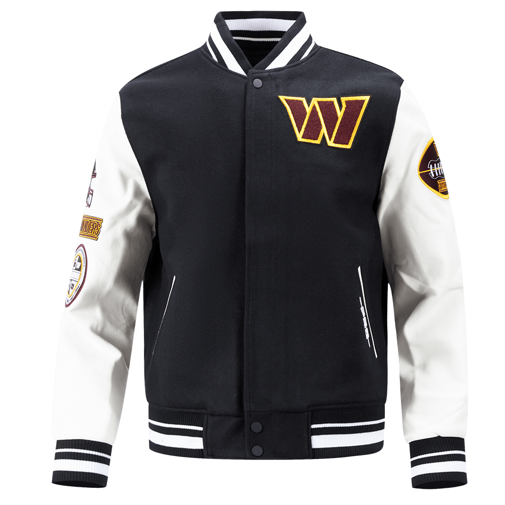 NFL WASHINGTON COMMANDERS OLD ENGLISH MEN'S RIB WOOL VARSITY JACKET (BLACK/WHITE)