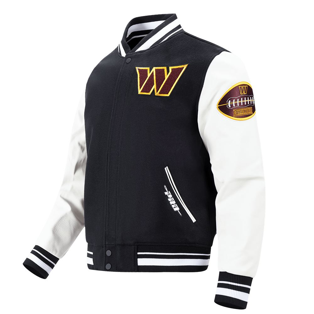 NFL WASHINGTON COMMANDERS OLD ENGLISH MEN'S RIB WOOL VARSITY JACKET (BLACK/WHITE)