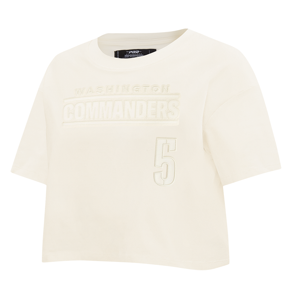 NFL WASHINGTON COMMANDERS JAYDEN DANIELS #5 NEUTRAL PNN T-SHIRT EN JERSEY SIMPLE À COUPE CARRÉE POUR FEMME (COQUILLE D'ŒUF)