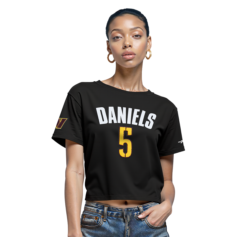 NFL WASHINGTON COMMANDERS JAYDEN DANIELS #5 CLASSIC PNN T-SHIRT EN JERSEY SIMPLE À COUPE CARRÉE POUR FEMME (NOIR)