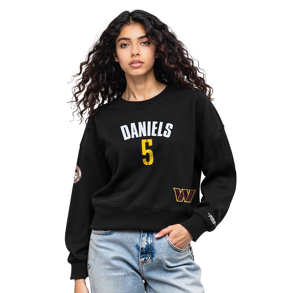 NFL WASHINGTON COMMANDERS JAYDEN DANIELS #5 CLASSIC PNN CHANDAIL À COL ROND EN MOLLETON POUR FEMME (NOIR)