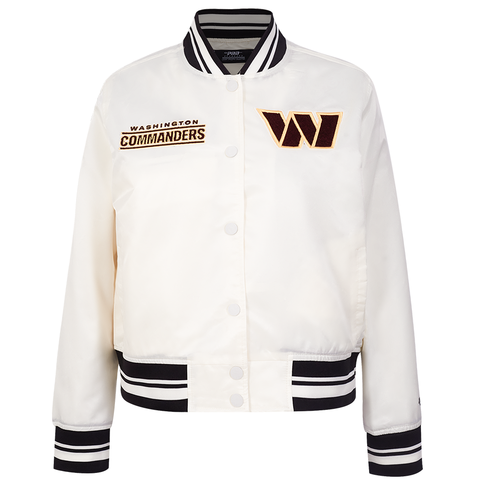 NFL WASHINGTON COMMANDERS RETRO CLASSIC BLOUSON EN SATIN À BORDS CÔTELÉS POUR FEMME (COQUILLE D'ŒUF/NOIR)