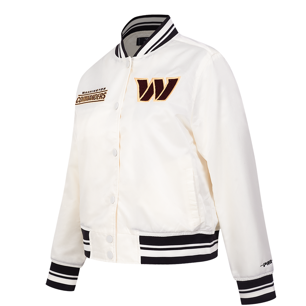 NFL WASHINGTON COMMANDERS RETRO CLASSIC BLOUSON EN SATIN À BORDS CÔTELÉS POUR FEMME (COQUILLE D'ŒUF/NOIR)