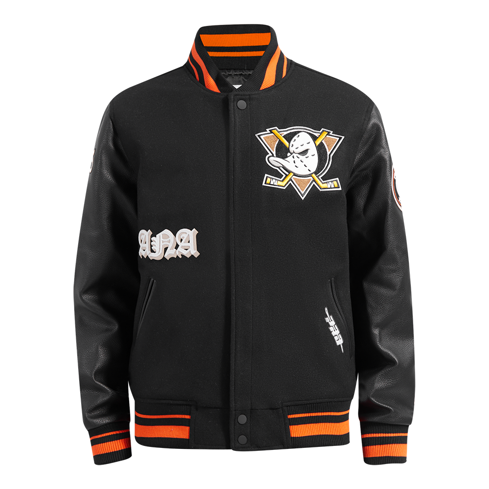 NHL ANAHEIM DUCKS OLD ENGLISH BLOUSON COLLÉGIAL EN LAINE À BORDS CÔTELÉS POUR HOMME (NOIR/ORANGE)