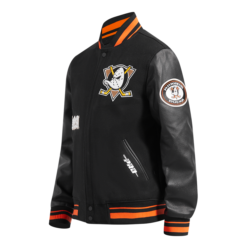 NHL ANAHEIM DUCKS OLD ENGLISH BLOUSON COLLÉGIAL EN LAINE À BORDS CÔTELÉS POUR HOMME (NOIR/ORANGE)