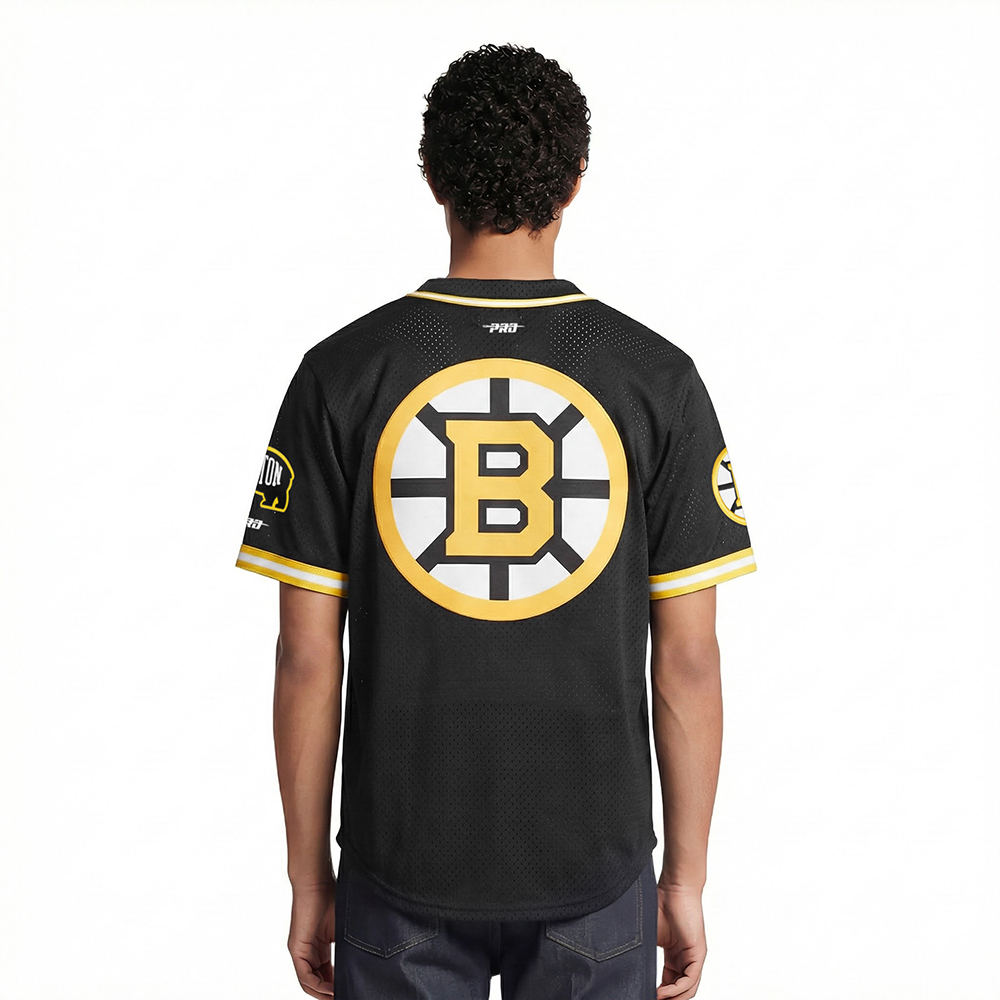 NHL BOSTON BRUINS MESH MEN'S MESH BUTTON DOWN SHIRT (BLACK/YELLOW)