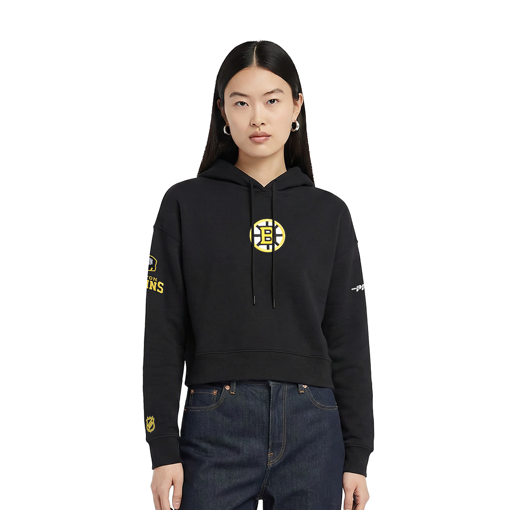 NHL BOSTON BRUINS CLASSIC CHANDAIL À CAPUCHON ÉCOURTÉ EN MOLLETON ET CHENILLE POUR FEMME (NOIR)