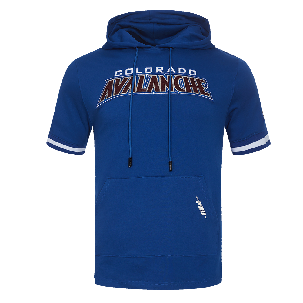 NHL COLORADO AVALANCHE CLASSIC CHENILLE CHANDAIL À CAPUCHON EN MAILLE DOUBLE À MANCHES COURTES POUR HOMME (BLEU DODGER)