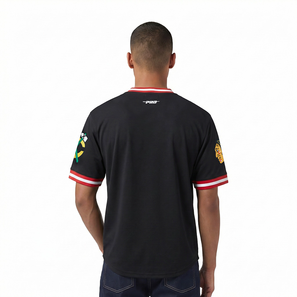 NHL CHICAGO BLACKHAWKS CLASSIC CHENILLE T-SHIRT EN MAILLE DOUBLE POUR HOMME (NOIR/ROUGE)