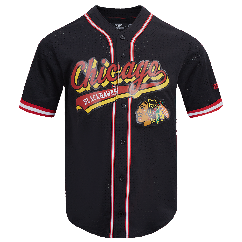 NHL CHICAGO BLACKHAWKS SCRIPT TAIL MEN'S MESH BUTTON DOWN SHIRT (BLACK/RED)