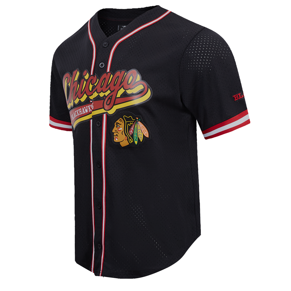 NHL CHICAGO BLACKHAWKS SCRIPT TAIL MEN'S MESH BUTTON DOWN SHIRT (BLACK/RED)