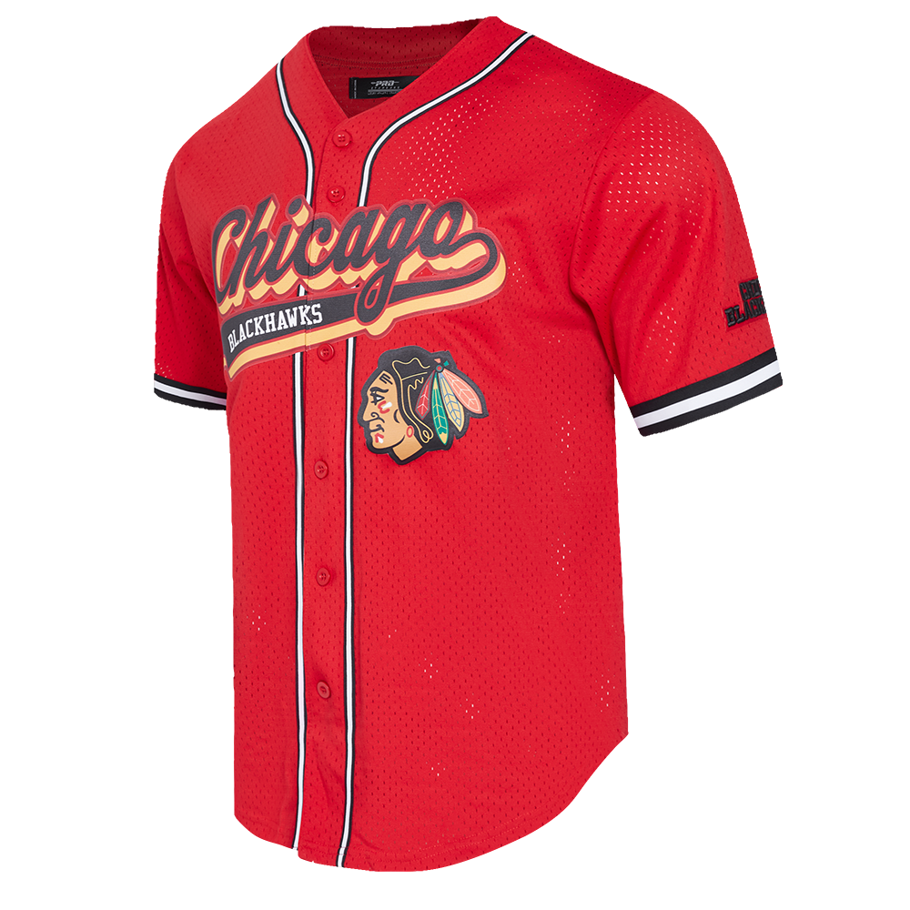 NHL CHICAGO BLACKHAWKS SCRIPT TAIL MEN'S MESH BUTTON DOWN SHIRT (RED/BLACK)