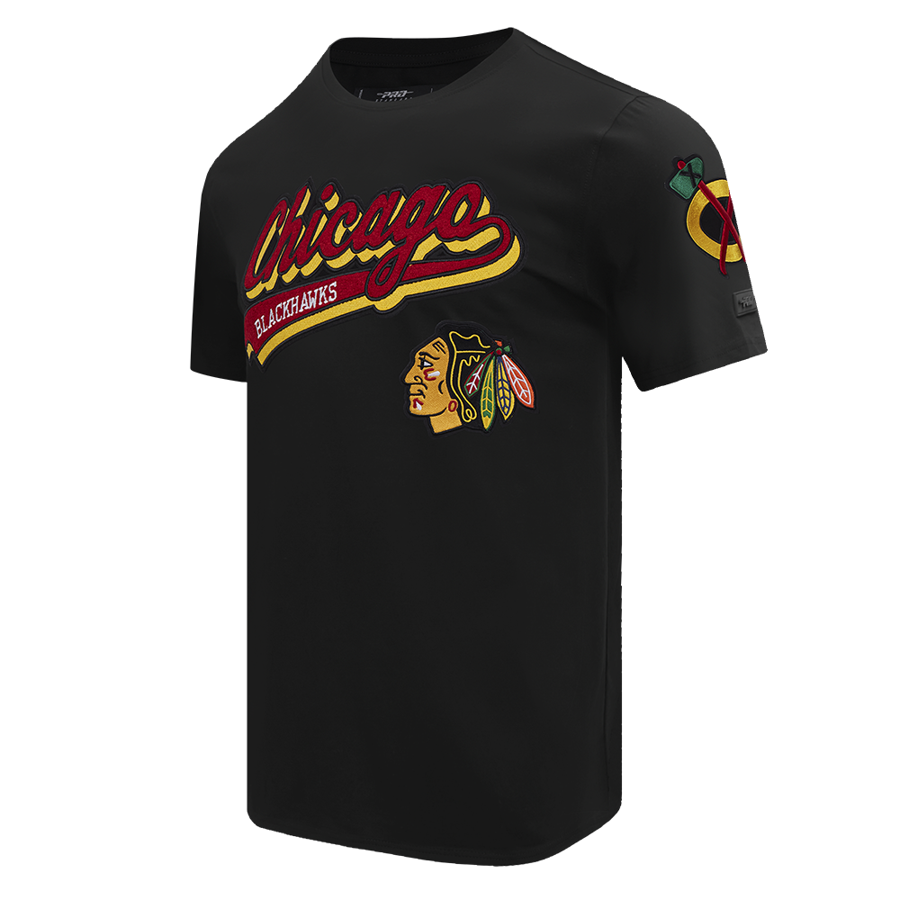 NHL CHICAGO BLACKHAWKS SCRIPT TAIL T-SHIRT EN JERSEY SIMPLE POUR HOMME (NOIR)