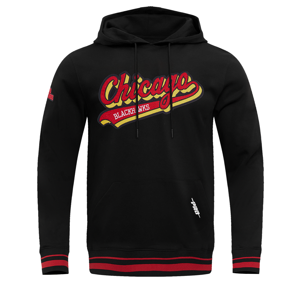 NHL CHICAGO BLACKHAWKS SCRIPT TAIL CHANDAIL À CAPUCHON EN MOLLETON CÔTELÉ POUR HOMME (NOIR/ROUGE/NOIR)