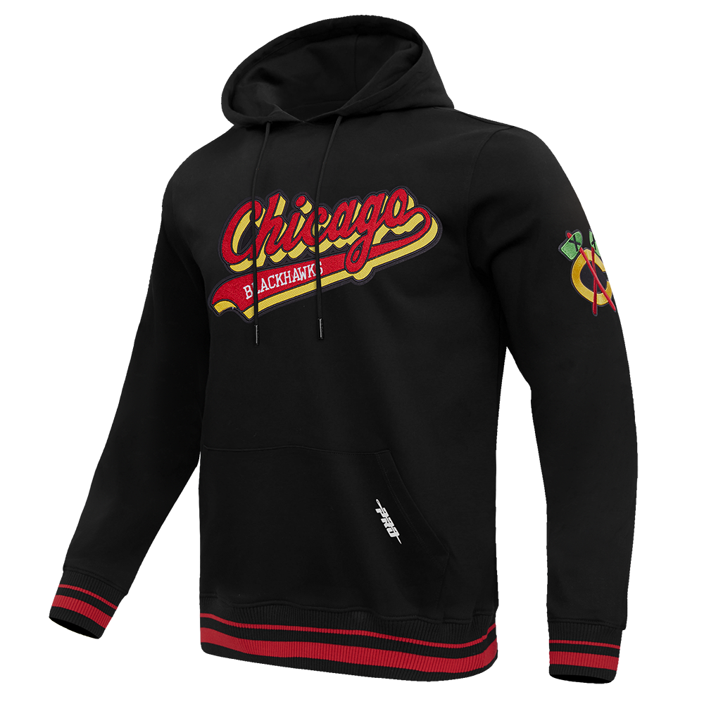 NHL CHICAGO BLACKHAWKS SCRIPT TAIL CHANDAIL À CAPUCHON EN MOLLETON CÔTELÉ POUR HOMME (NOIR/ROUGE/NOIR)