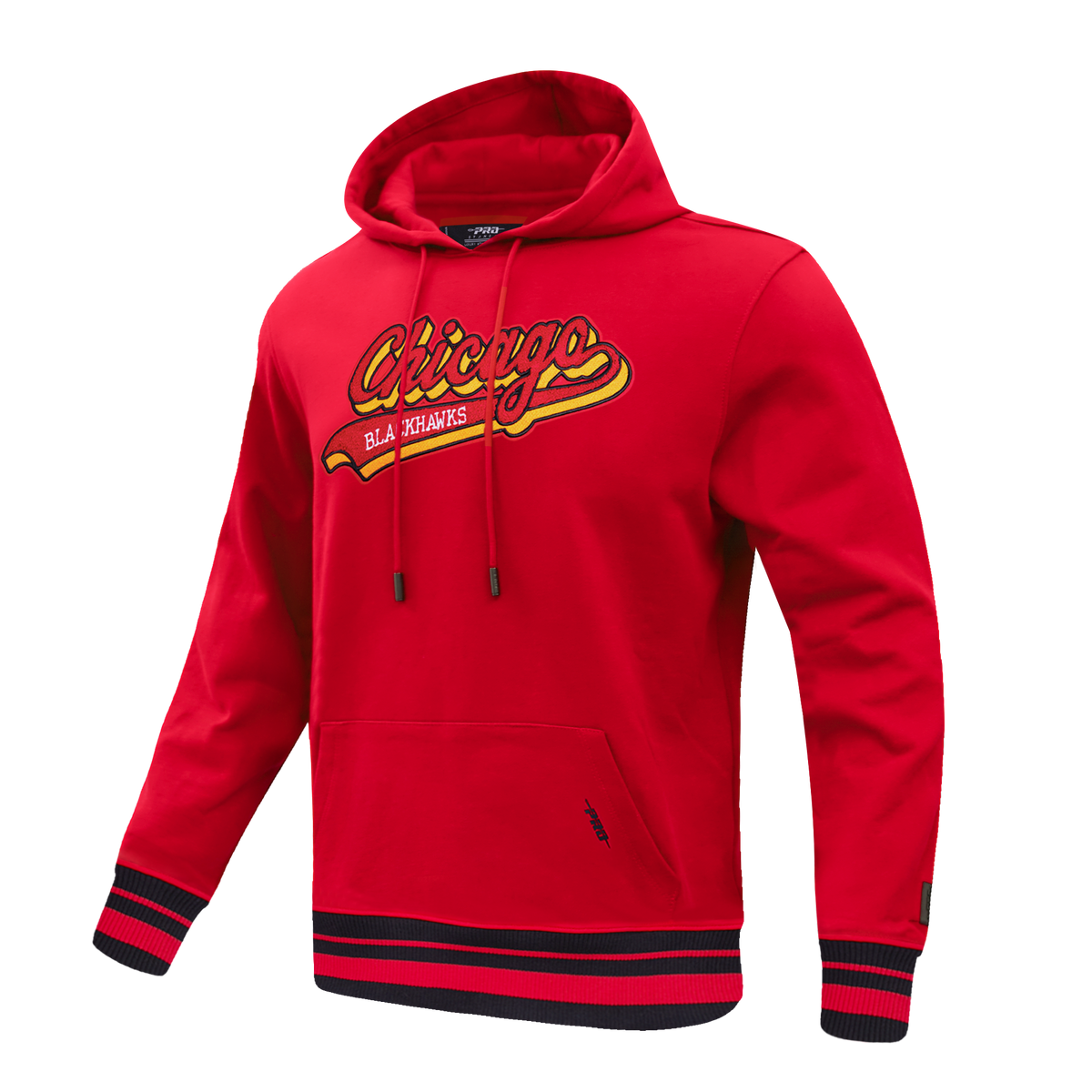 NHL CHICAGO BLACKHAWKS SCRIPT TAIL CHANDAIL À CAPUCHON EN MOLLETON CÔTELÉ POUR HOMME (ROUGE/NOIR)