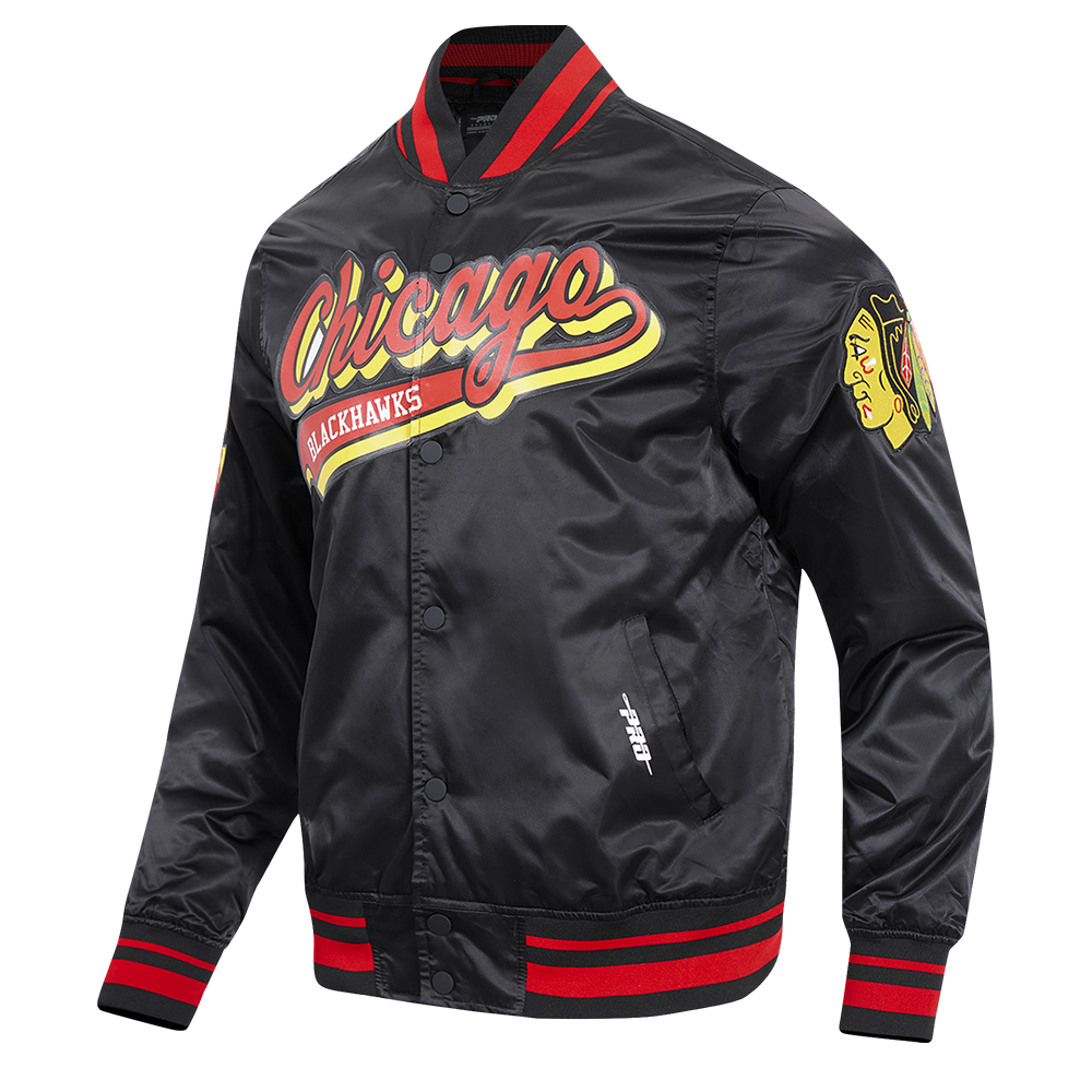 NHL CHICAGO BLACKHAWKS SCRIPT TAIL MEN'S RIB SATIN JACKET (BLACK/RED/BLACK)