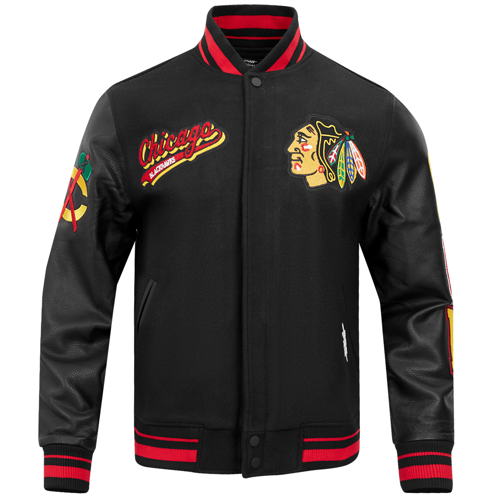 NHL CHICAGO BLACKHAWKS SCRIPT TAIL MEN'S RIB WOOL VARSITY JACKET (BLACK/RED/BLACK)