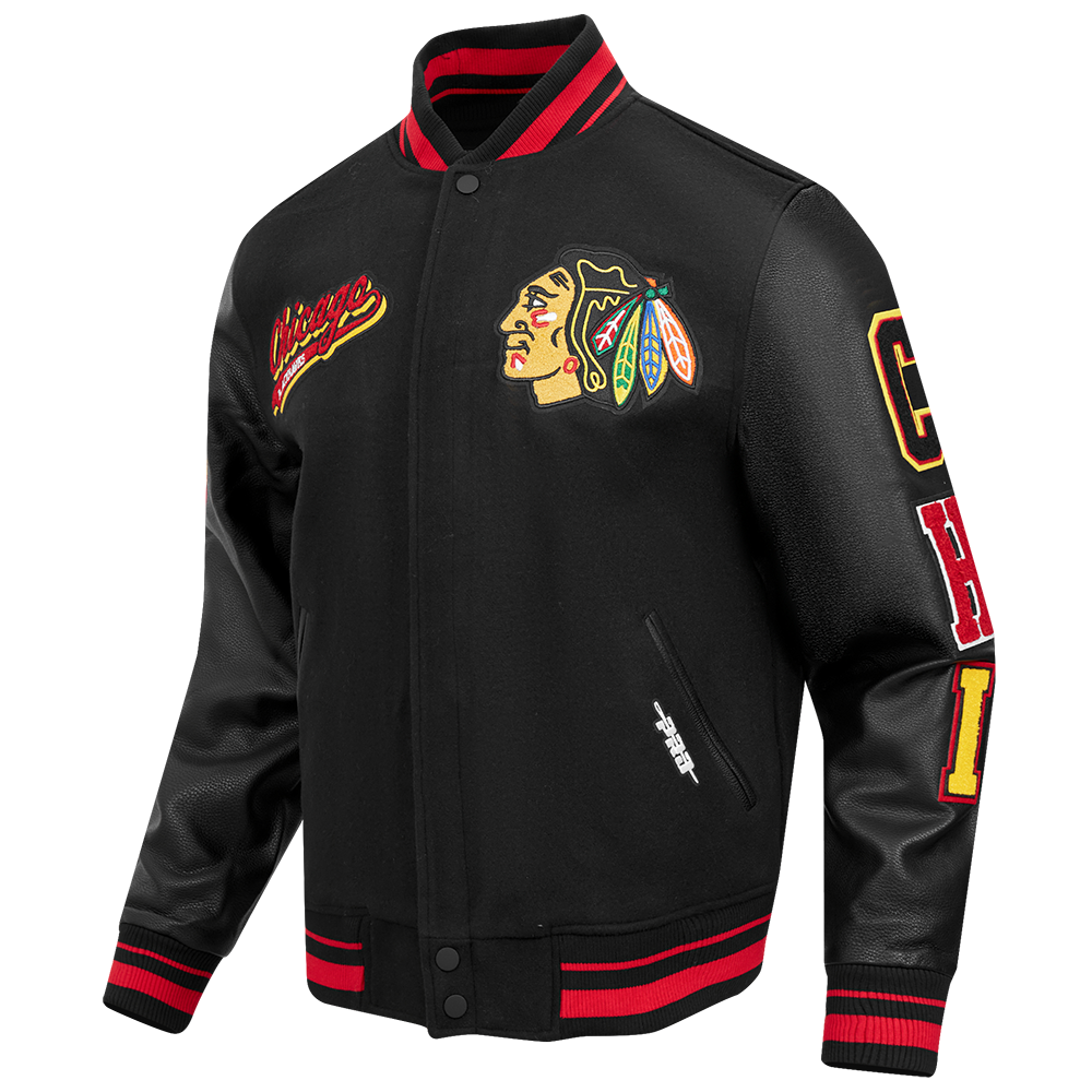 NHL CHICAGO BLACKHAWKS SCRIPT TAIL MEN'S RIB WOOL VARSITY JACKET (BLACK/RED/BLACK)