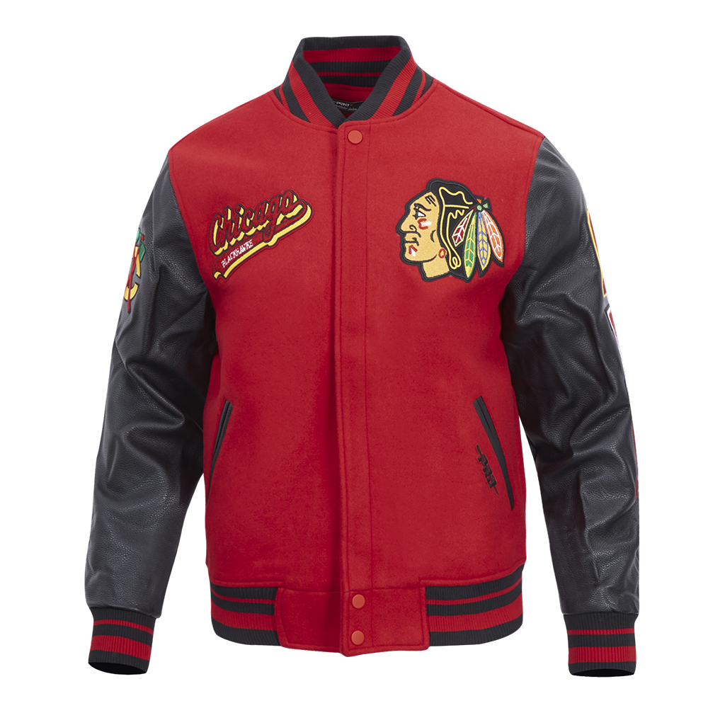 NHL CHICAGO BLACKHAWKS SCRIPT TAIL MEN'S RIB WOOL VARSITY JACKET (RED/BLACK)